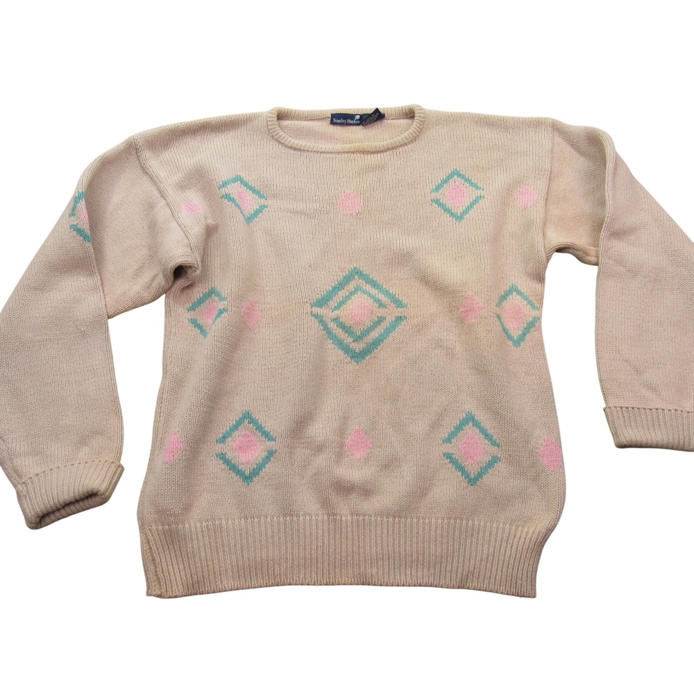Stanley Blacker Vintage Beige Cotton Geometric Diamond Knit Sweater Womens Med